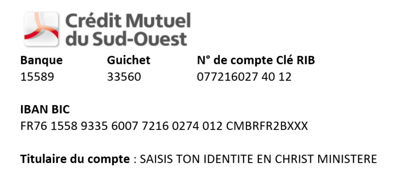 Coordonnées bancaire du ministère SIC pour faire un don